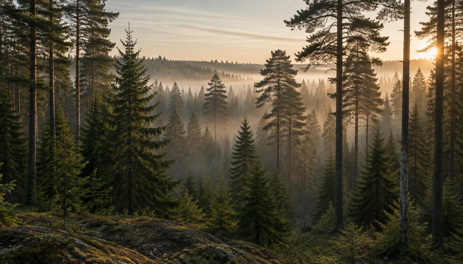 Granskog i morgondimma